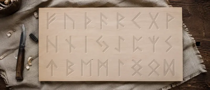 Az Elder Futhark huszonnégy rúnája színezetlenül nyírfába faragva